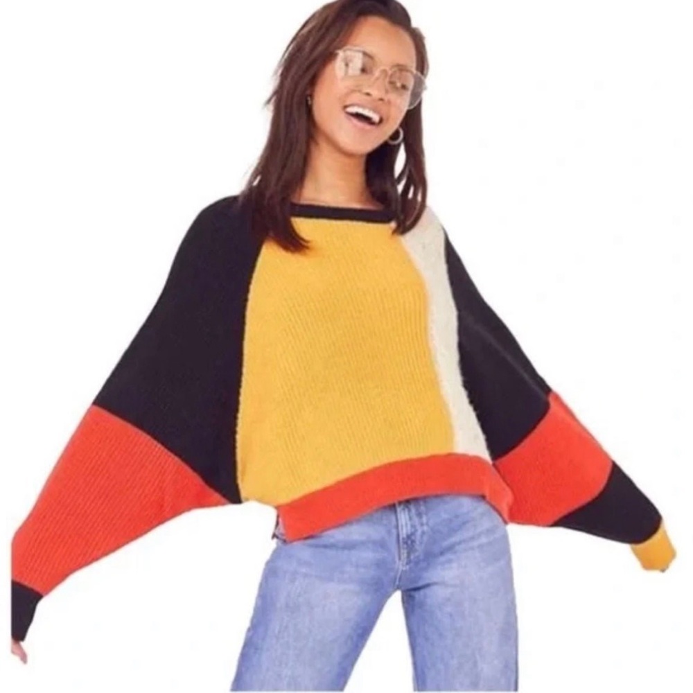 Cliche Vintage Oversized Chunky Cable Knit Crop Pullover Colorblock sweater L